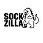 Sockzilla logo with a dinosaur-like character holding socks on a white background