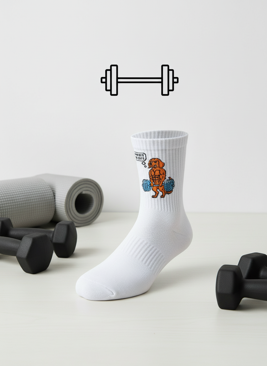 White gym socks with Cardio Is For Cats, a dog lifting weights design, placed on a light grey surface with gym equipment.