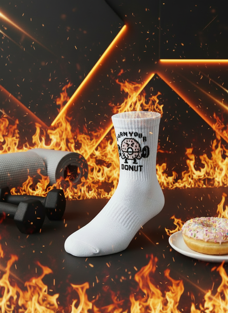 White sock with text and graphics on a fiery background
