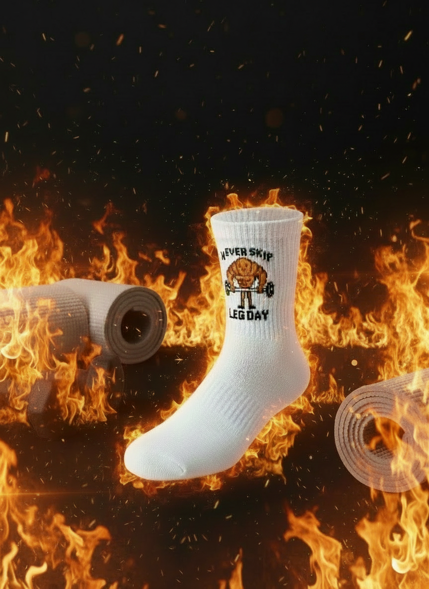 White sock with 'Never Skip Leg Day' print on fire, surrounded by gym equipment on a dark background.